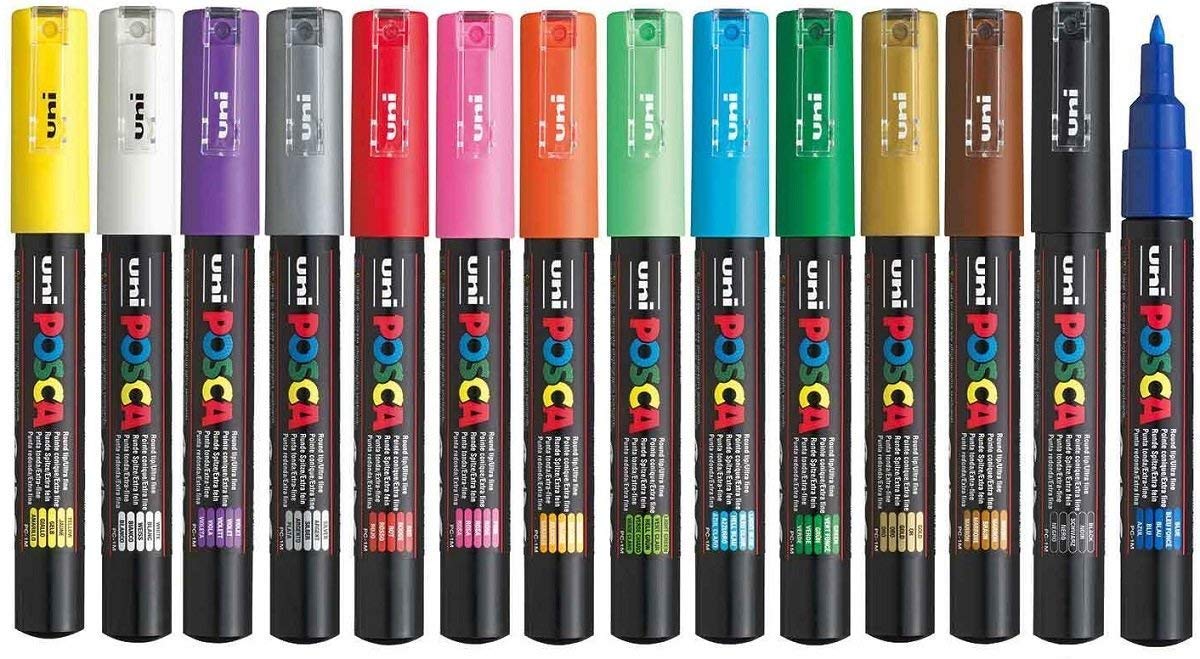 Posca PC-1M Assorted Colour Extra Fine Pack Paint Marker Pens 1mm Bullet Tip Nib Writes On Any Surface Glass Metal Wood Plastic Fabric (1 Of Each Colour Extra Fine - 15 Pens)