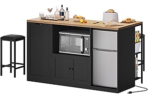 Homiflex Kitchen Island with Storage, 67" W Large Island Table for Kitchen, Kitchen Carts on Wheels with Power Outlet, Tilt Out Trash Cabinet w/Open Shelves for Mini Fridge, Hidden Casters, Black