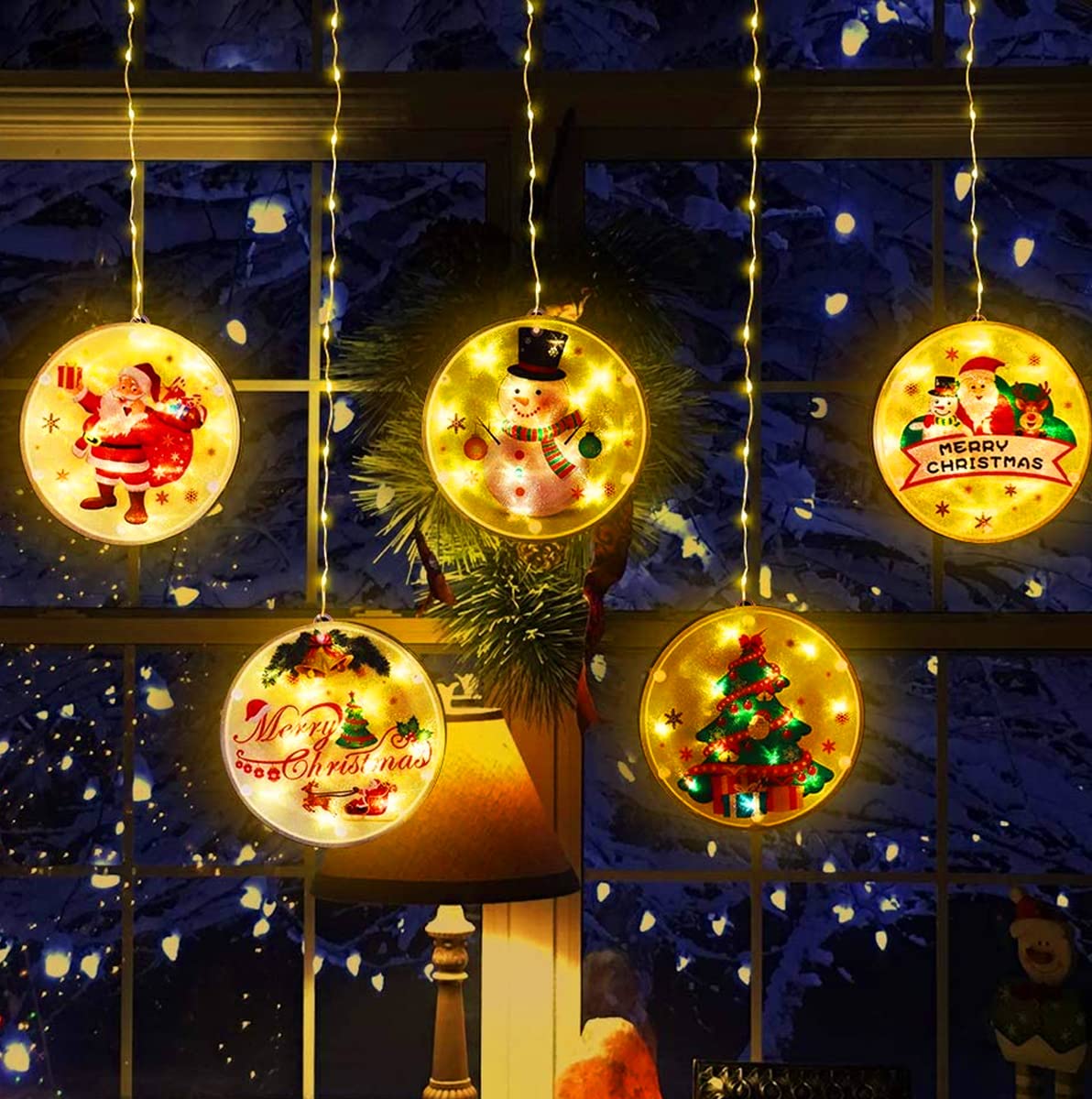 Festive Fix LED Christmas Window Lights Circle – 54 LED 3D Hanging Santa, Snowman & Christmas Tree Designs, USB-Powered Light Up Xmas Window Decorations for Indoor & Outdoor Displays