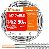 50FT 14/2 Metal Clad (MC) Cable with Ground, 14 Gauge Electric Wire with Aluminum Armor, Solid Bare Copper Conductors for Indoor Outdoor Underground Embedded Installation (14/2, 50 ft)