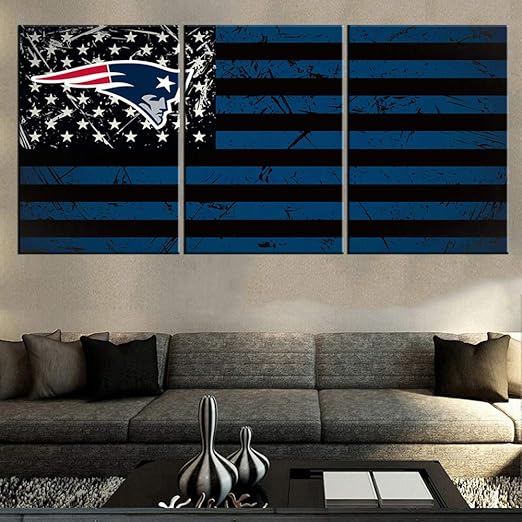 Amazon Com New England Patriots Wall Art For Living Room Usa Flag Pictures Blue Black Stripes Paintings Canvas American Football Artwork Modern House Decor Framed Ready To Hang Posters And Prints 60 Wx28 H Everything Else