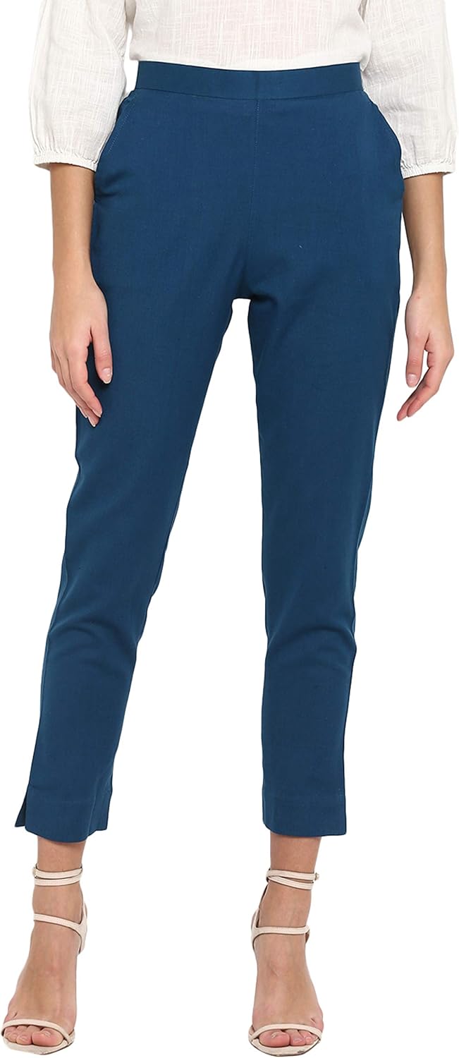 Janasya Women's Turquoise Blue Cotton Plain Narrow Pant at Amazon Women