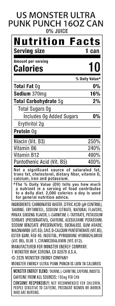 MONSTER ENERGY ULTRA PUNK PUNCH, SUGAR FREE ENERGY DRINK, 16 OUNCE (PACK OF 15)