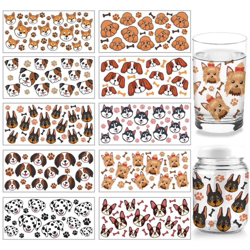 arricraft 10 Sheets UV DTF Cup Wrap, 10 Styles Animal Theme Dog Head Footprint Rub on Transfers PVC Paper Waterproof Rub Decals for DIY 16OZ Glass Cups Furniture Wood Crafts