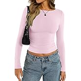 EasyGala Womens Cotton Boat Neck Long Sleeve Shirts Basic Going Out Stretchy Slim Fit Y2k Crop Tops