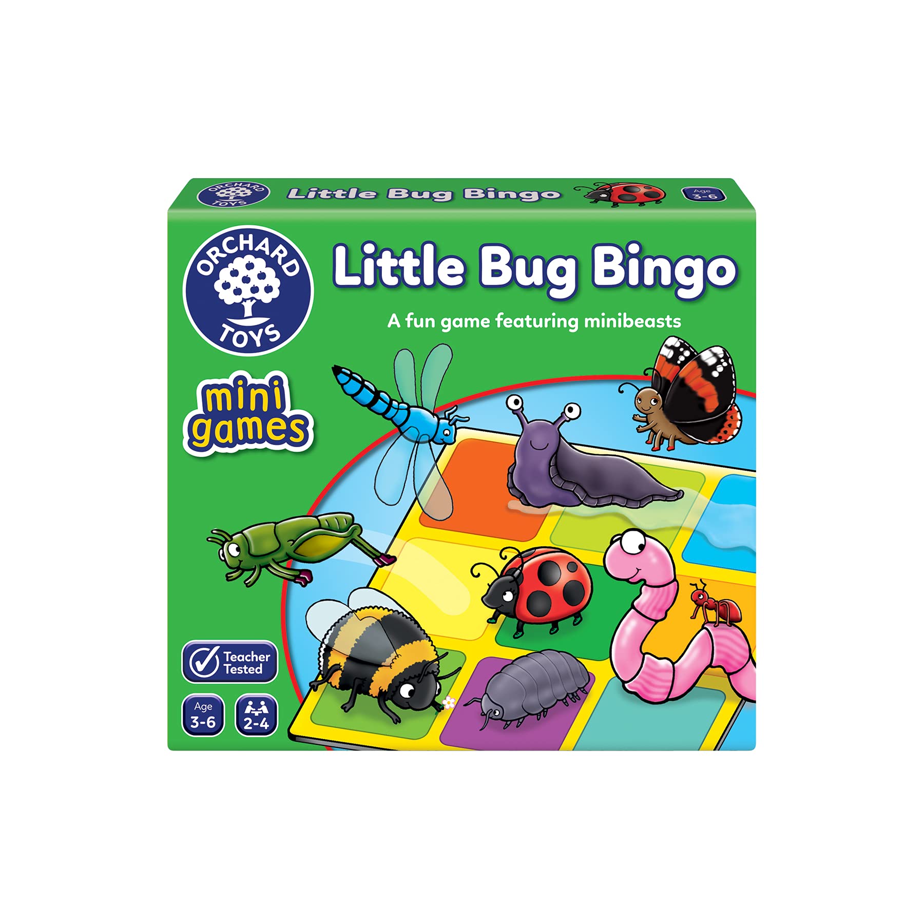 Orchard Toys Little Bug Bingo - Compact Mini Games for Boys, Girls, and Toddlers - Matching Games for 3+ Year Olds - Holiday Travel Games for Kids - 2-4 Players