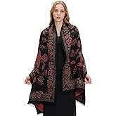 zero season Pashmina Shawl Wrap for Women Printed Scarf for Evening Dress, Wedding, Bridesmaid Gift, Formal Event, Blanket Poncho Cape Black Flowers Birds Paisley Pattern