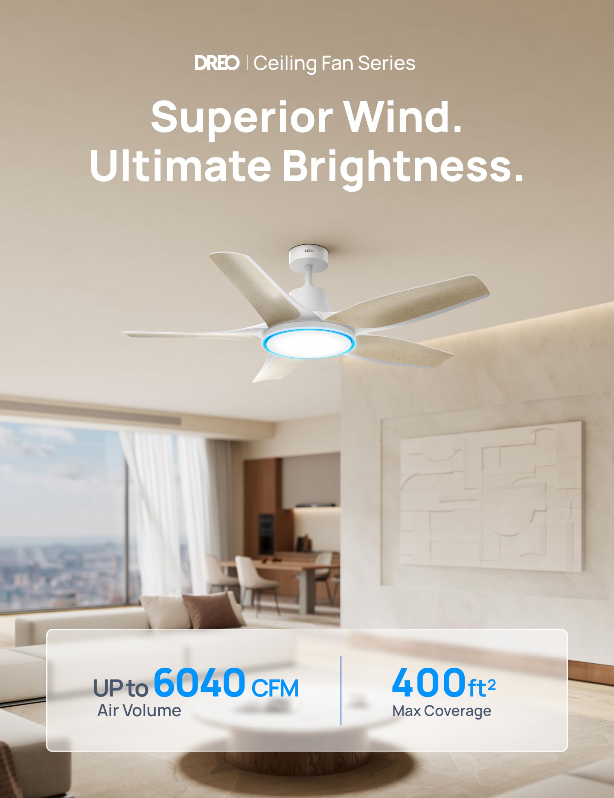 Dreo Smart Ceiling Fans with Lights, Low profile Ceiling Fan with Alexa/App, 52'' Dimmable Lighting & Color Tuning, RGB Ambient Light for Living Room, Game Room, Easy Installation, Quiet, White