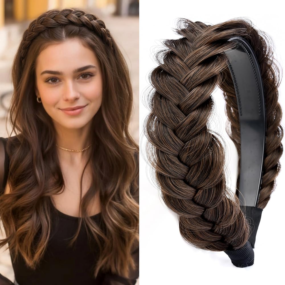GLEDOLA Wide Messy Braided Headband with Teeth Synthetic Hair Plaited Headband High Elasticity Braids Chunky Fishtail Braided Hair Band Hairpiece for Girls Women (Copper Brown)