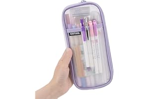 EASTHILL Grid Mesh Pen Pencil Case with Zipper Clear Makeup Color Pouch Cosmetics Bag Multi-Purpose Travel School Teen Girls Transparent Stationary Bag Office Organizer Box for Adluts(Purple)