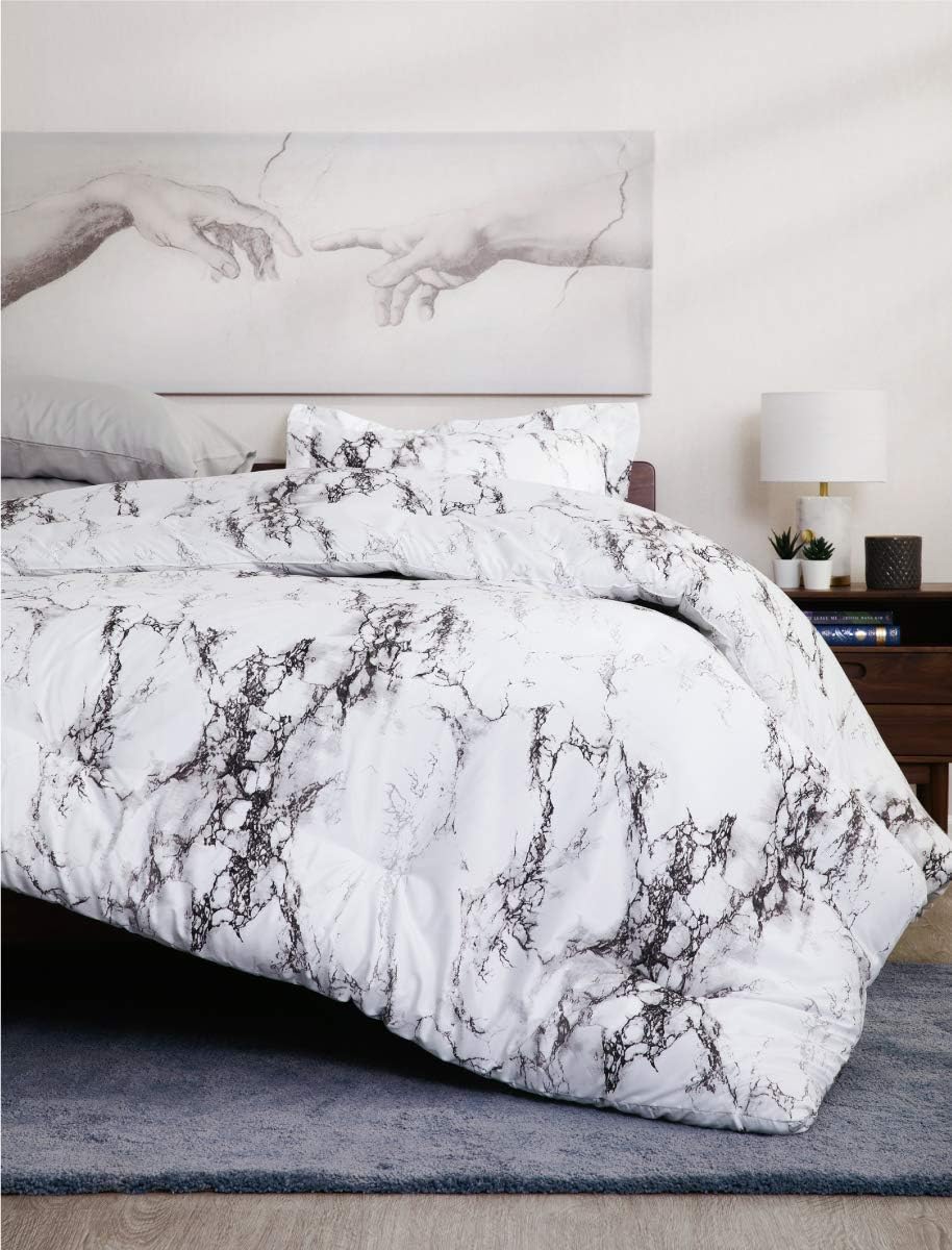 Bedsure Marble Printed Comforter Set (Full/Queen, White) - 3-Piece Set - Super Soft Microfiber Bedding for All Seasons - Reversible Down Alternative Comforter with 2 Pillow Shams: Home & Kitchen