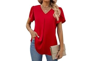 Funlingo Women's Summer Tops Short Sleeve Dressy Chiffon Blouses V Neck Work Tunic Tops Casual Loose T-Shirts