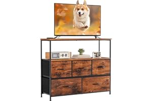 DUMOS TV Stand Dresser for Bedroom with 5 Fabric Drawer,Entertainment Center for 45 inch Television, Media Console Table with Storage, Open Shelf, Adjustable Feet, Living Room Furniture, Brown