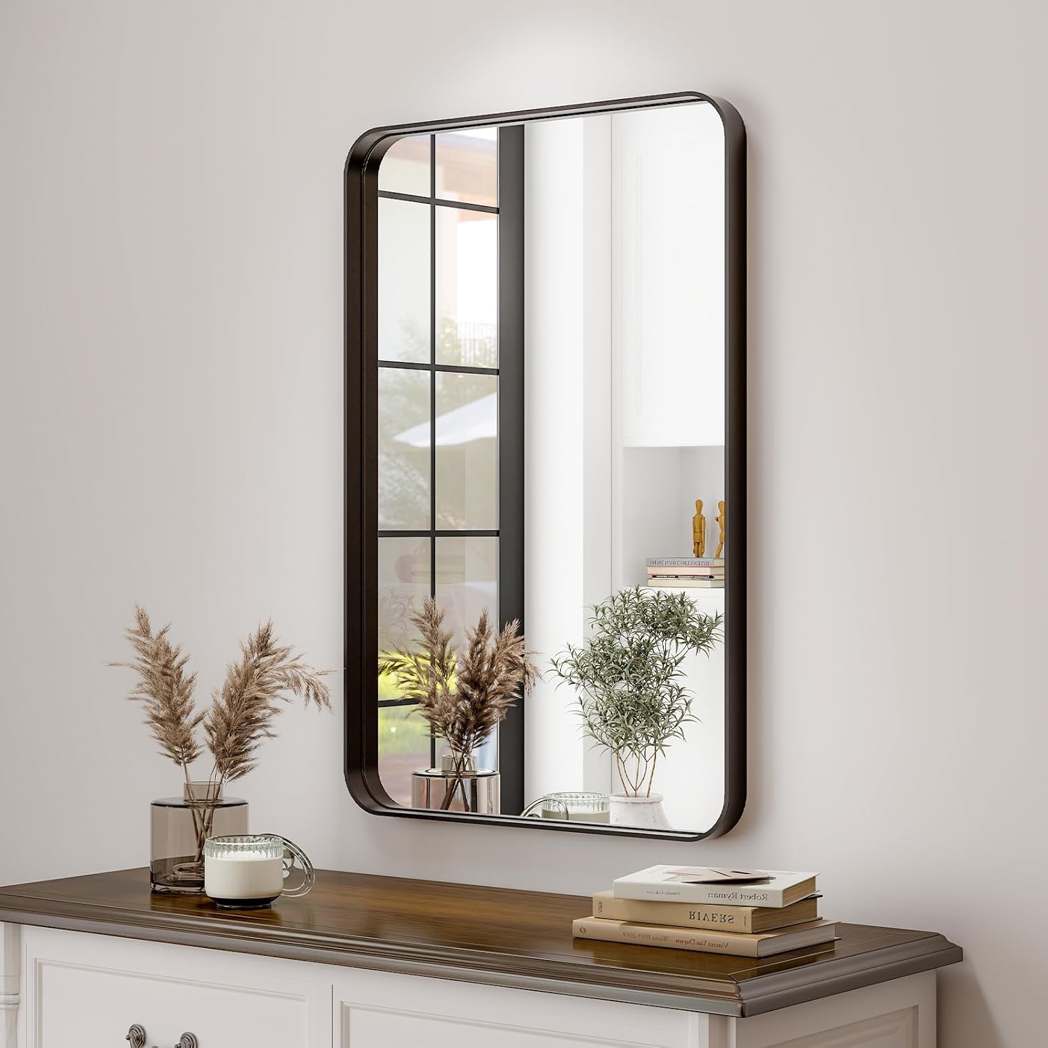 Mirrors - Easly 30x22 Inch Black Bathroom Mirror - Modern Black Rectangle Mirror for Wall with Rounded Corners, Bathroom Mirrors for Vanity, Aluminum Alloy Framed Mirror Hangs Horizontally or Vertically