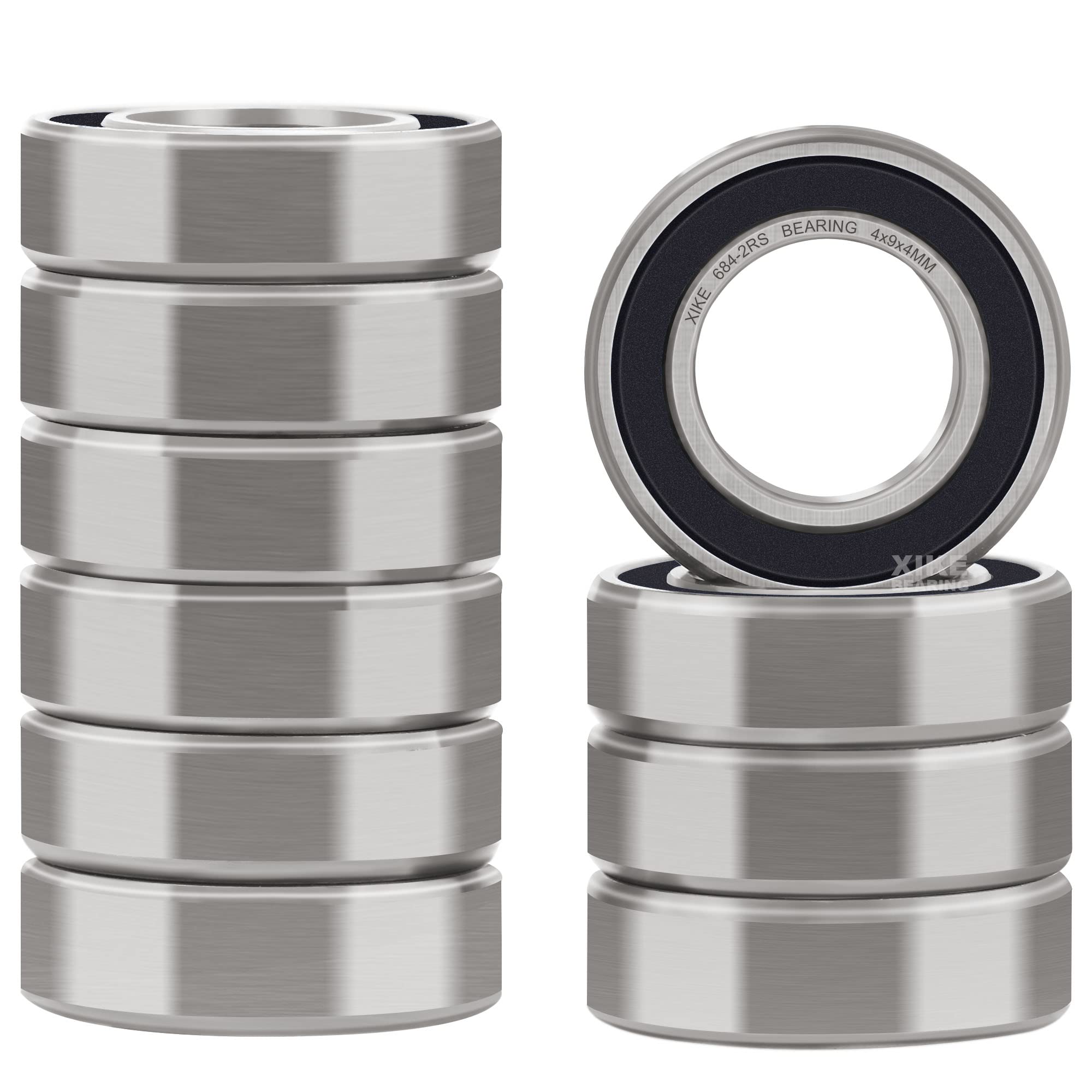 XIKE 684-2RS Sealed Ball Bearings 4x9x4mm, 684RS Deep Groove Ball Bearing with Double Rubber Seal and Chrome Steel, Pack of 10.