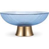 Round Glass Decorative Bowl (Blue), 9.8 Inches Handblown Striped Design Glass Bowl with Rust Resistant Metal Base,Decor Fruit Bowl for Home Decor,Table Centerpiece,Kitchen Island and Dining Decor