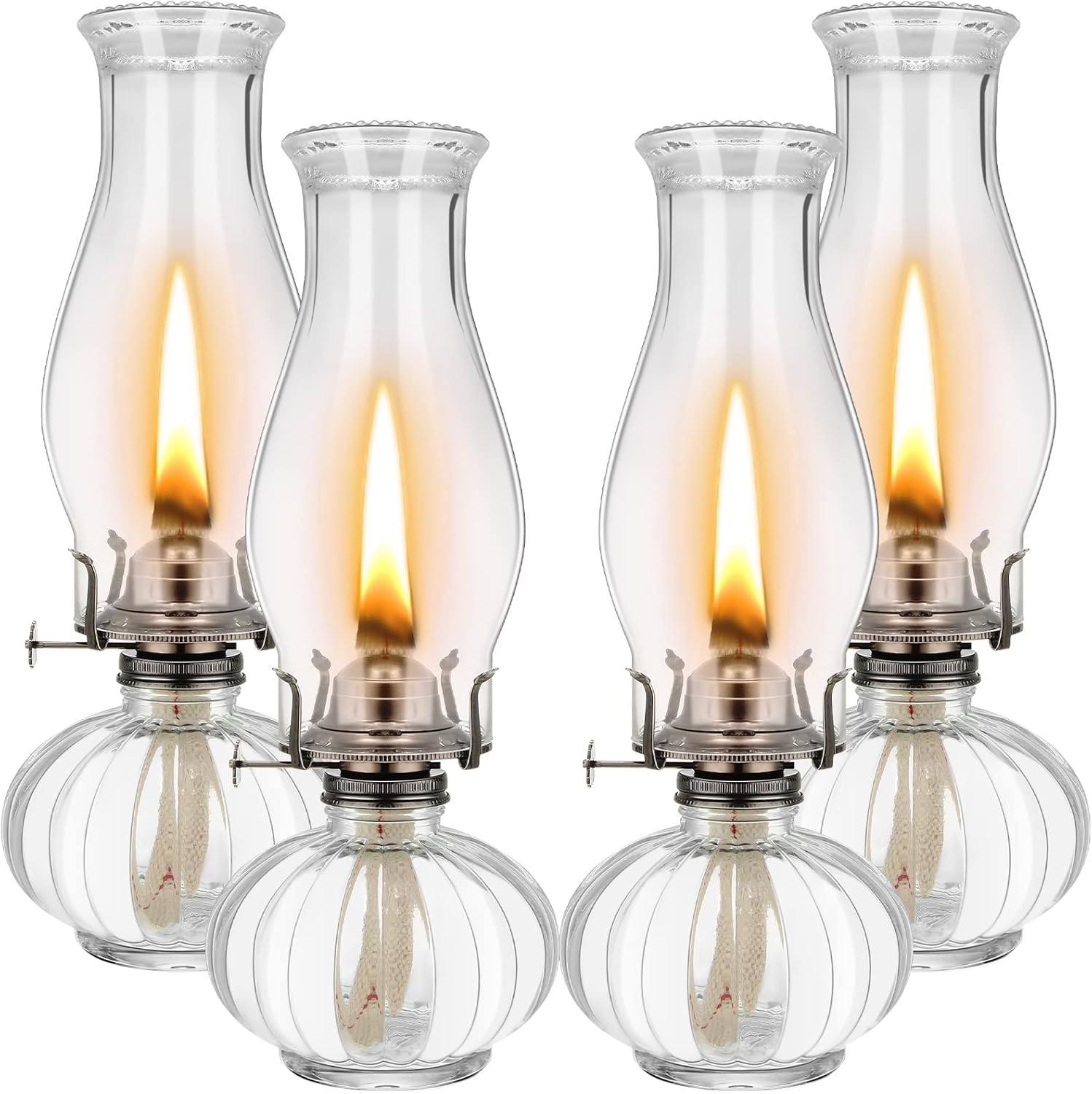Oil Lamps & Accessories - 4 Pieces Clear Glass Kerosene Lamps for Indoor Use Large Chamber Oil Lamp Vintage Decorative Hurricane Lamp Rustic Oil Lantern with Adjustable Fire Wick for Emergency Lighting Decor, 13 Inches Height