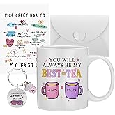 Nuogo 4 Pcs Bestie Gifts Sets for Woman Best Tea Coffee Mug Friend Keychain with Greeting Cards and Envelopes You Will Always Be My Best Tea Friendship Gifts for Female Birthday