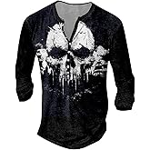 ZOCAVIA Mens Distressed Henley Shirts Retro Skull Wolf Graphic Long Sleeve Button V Neck T-Shirts Fall Washed Pullover Tops