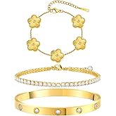 MOINSPIRE Gold Bracelets for Women, 18K Gold Plated Tennis Nail Clover love Bangle Bracelets Set Non Tarnish, Stainless Steel Trendy Stackable Bracelet Fashion Jewelry Accessories Gifts for Christmas