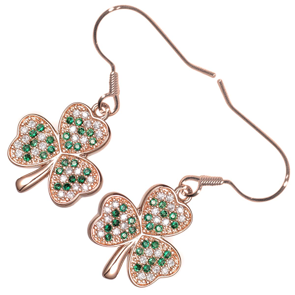 GWG Jewellery 18K Rose Gold Coated Shamrock Flower Dewed with Emerald Green Stones Earrings in Gift Box for Women