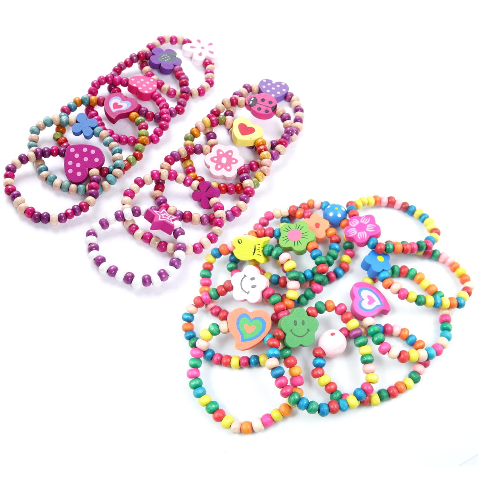 BDSHUNBF 24 x Girl's Bracelets, Friendship and Bead Jewelry for Children, Flower Heart Butterfly Elastic Bracelet, Princess Style