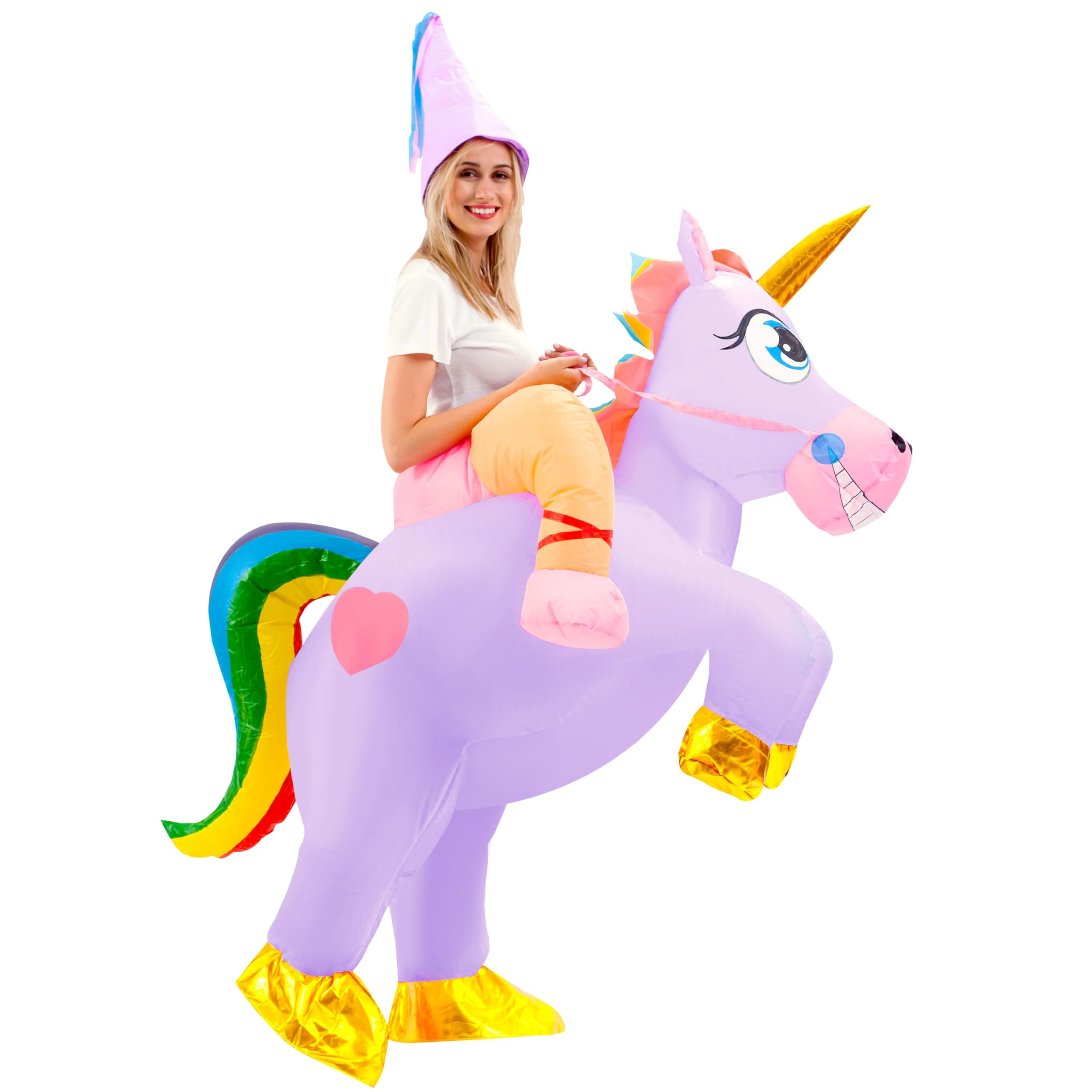 Photo 1 of Spooktacular Creations Inflatable Costume Adult, Riding a Unicorn Air Blow-up Deluxe Halloween Costume with Hat - Light Purple