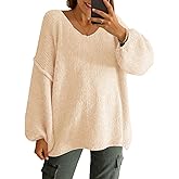 Saodimallsu Womens Oversized V Neck Sweaters Chunky Knit Lantern Long Sleeve Fall Winter Slouchy Tunic Sweater Tops