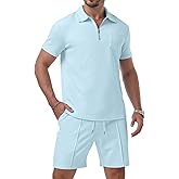 Askdeer Mens Short Sets 2 Piece Summer Track Suits Short Sleeve Sweatsuit Outfits 1/4 Zip Golf Polo Shirts Loungewear