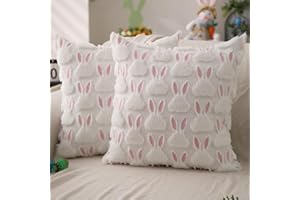 DFXSZ Easter Pillow Covers 18x18 inch Set of 2 Easter Decorations Pink Ears White Rabbit Soft Plush Faux Fur Jacquard Throw Pillows for Bedroom Sofa Holiday Festivals Home Decor FHJ-07D18