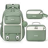 Fimibuke Backpacks for Girls, 3 PCS Waterproof School Backpack with Lunch Box & Pencil Pouch for Kids Teen Girl, Cute Bookbag School Bag for Elementary Middle High School Student Ages 6+(Green)