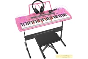 Fujampe Keyboard Piano 61 Keys, Electric Digital Piano Set with Light-Up Keys, Mic, Headphones, Note Stickers, Bench, Sheet Music Stand, Electronic Piano Keyboard for Beginners (Cute Pink)