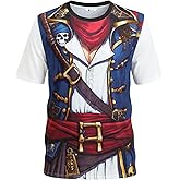 Runcati Mens Pirate Captain T-Shirts Tuxedo Funny 3D Print Cosplay Costume Tees Crewneck Short Sleeve Top Unisex