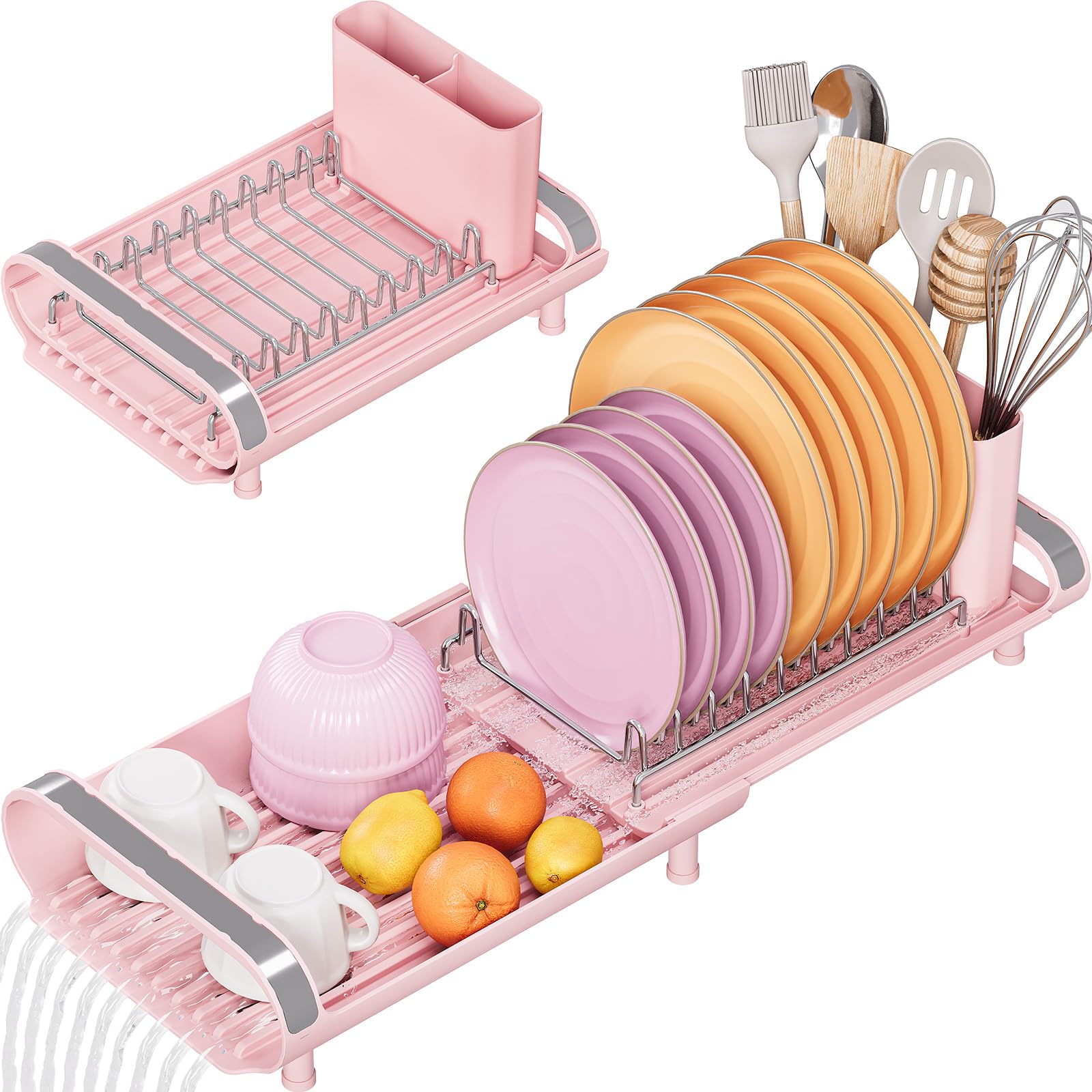 Small Dish Drainer, Expandable Dish Drainer Rack, Dish Rack With Removable Cutlery Holder, Anti Rust Small Sink Drainer, Expandable Draining Board Rack For Kitchen Counter, Pink