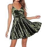 R.Vivimos Women's Crushed Velvet Spaghetti Straps Sexy V Neck Club Party Pleated Swing Skater Dress