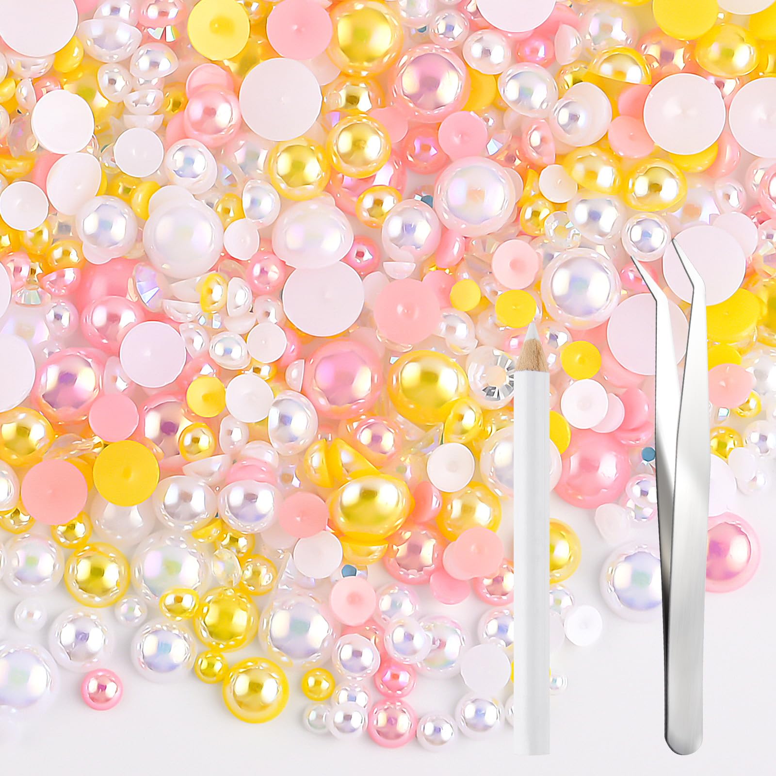 NACHLYNN 60g Mix Pearls and Rhinestones for Crafts Flatback Rhinestones Half Round Mixed Size 3mm-10mm Flatback Pearls for Crafts DIY Nail Art Shoes Clothes Tumblers Mugs (Pink Yellow)