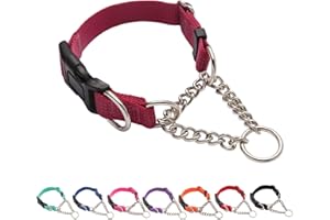 Yunleparks Martingale Dog Collar with Quick Release Buckle Steel Chain No Pull Training Reflective Collar for Medium Large Dogs(Wine Red, Large)