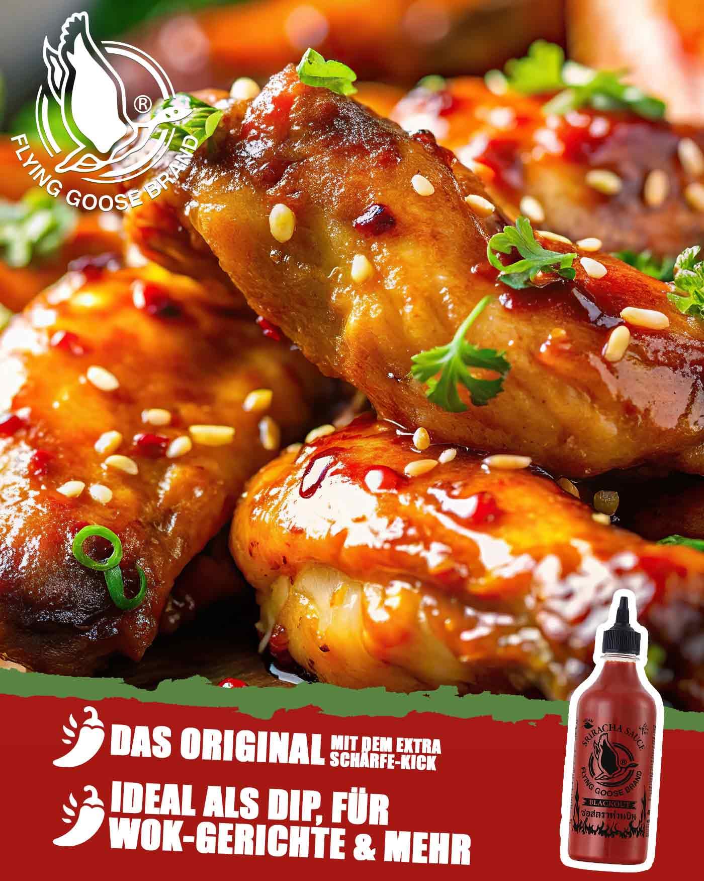 FLYING GOOSE Sriracha Chilisauce, mit extra Schärfe, extrem scharf, schwarze Kappe, extra scharfe Würzsauce aus Thailand, 1 x 455 ml 3