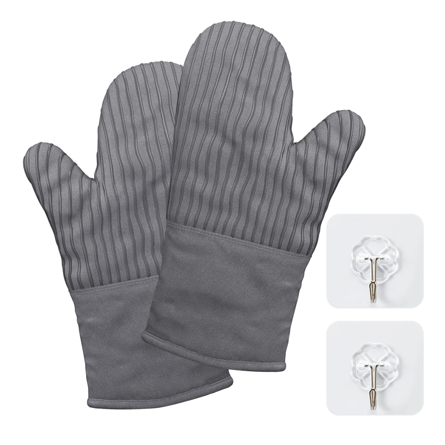 A Pair of Gray Gloves, 2 Pieces of Hooks, Dotted Striped Gloves, Kitchen Gloves, Thickened Cotton Gloves, Non-slip and High Temperature Resistant