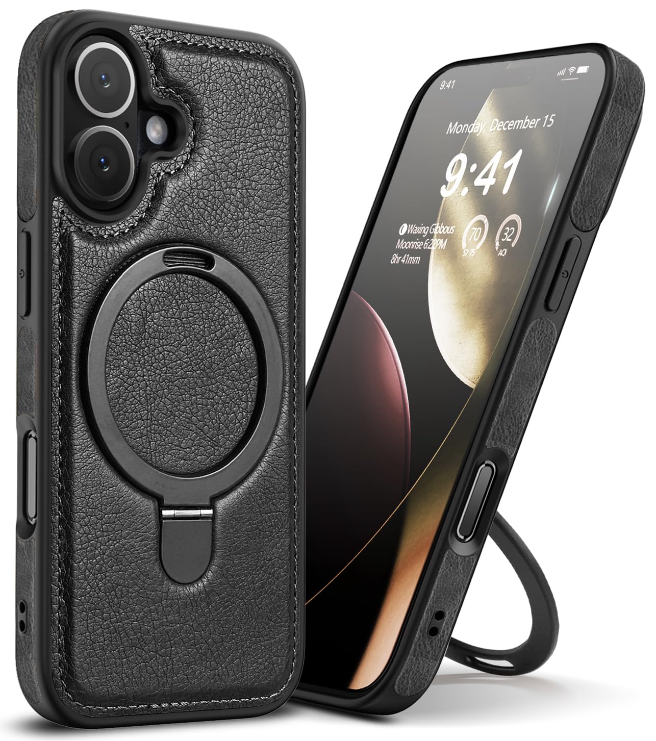 VAUSERDY Magnetic for iPhone 17 Leather Case,Invisible Stand [Compatible with Magsafe] Slim Kickstand Phone Cove for iPhone 17 case，Black