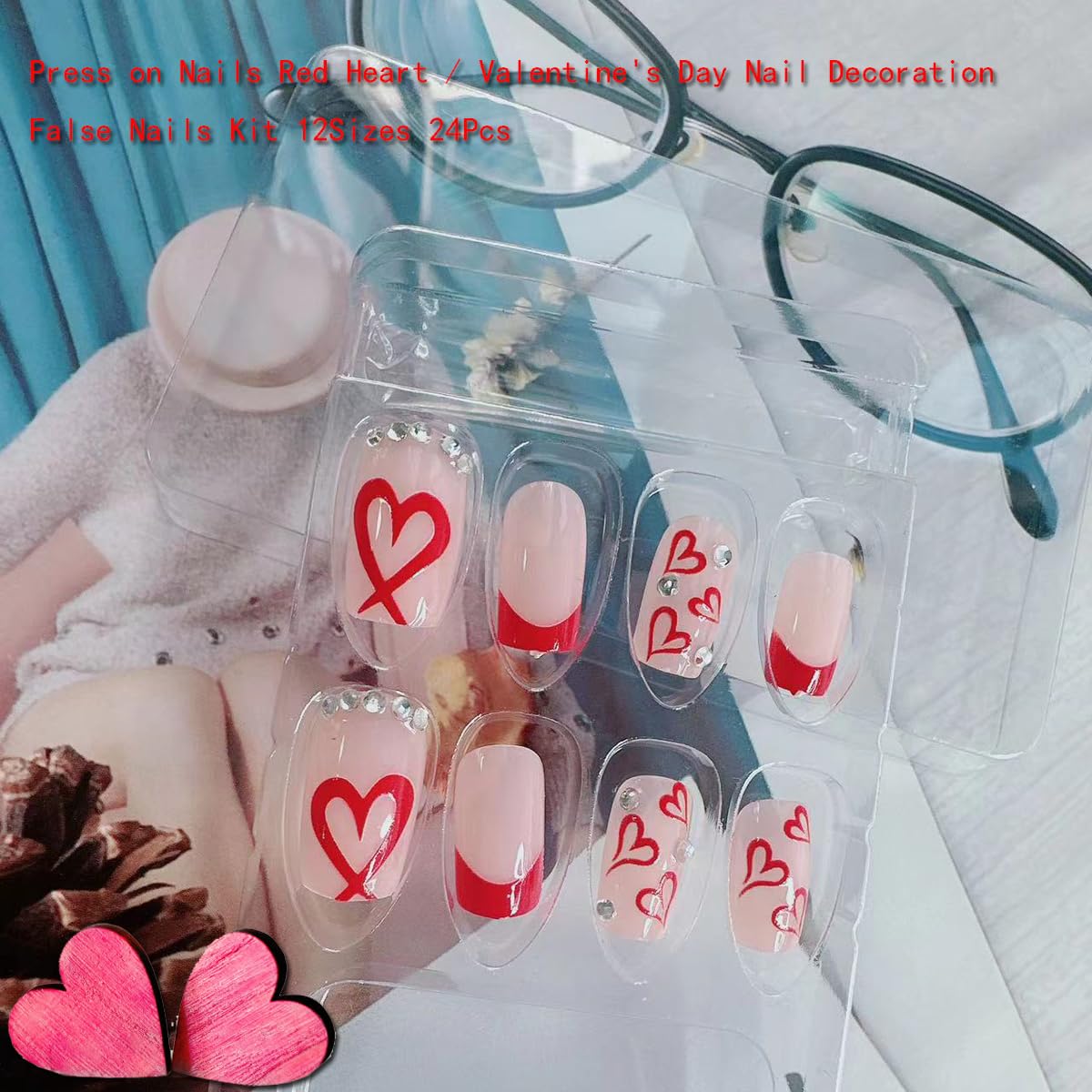 Square Press on Nails Medium -French Tip Press on Nails Red Heart Deign,Glossy Pink Fake Nails with Rhinestone Design,Reusable Artificial False Nails with Glue on Nails Valentine's Day for Women 24PCS - Image 6