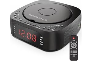KUEPHOM CD Player Alarm Clock with Remote:CD/MP3,Bluetooth,FM Radio with Speakers,USB Charger and Dimmable Display for Bedroom-Dual Alarm with Optional Sound Suitable for Heavy/Light Sleeper