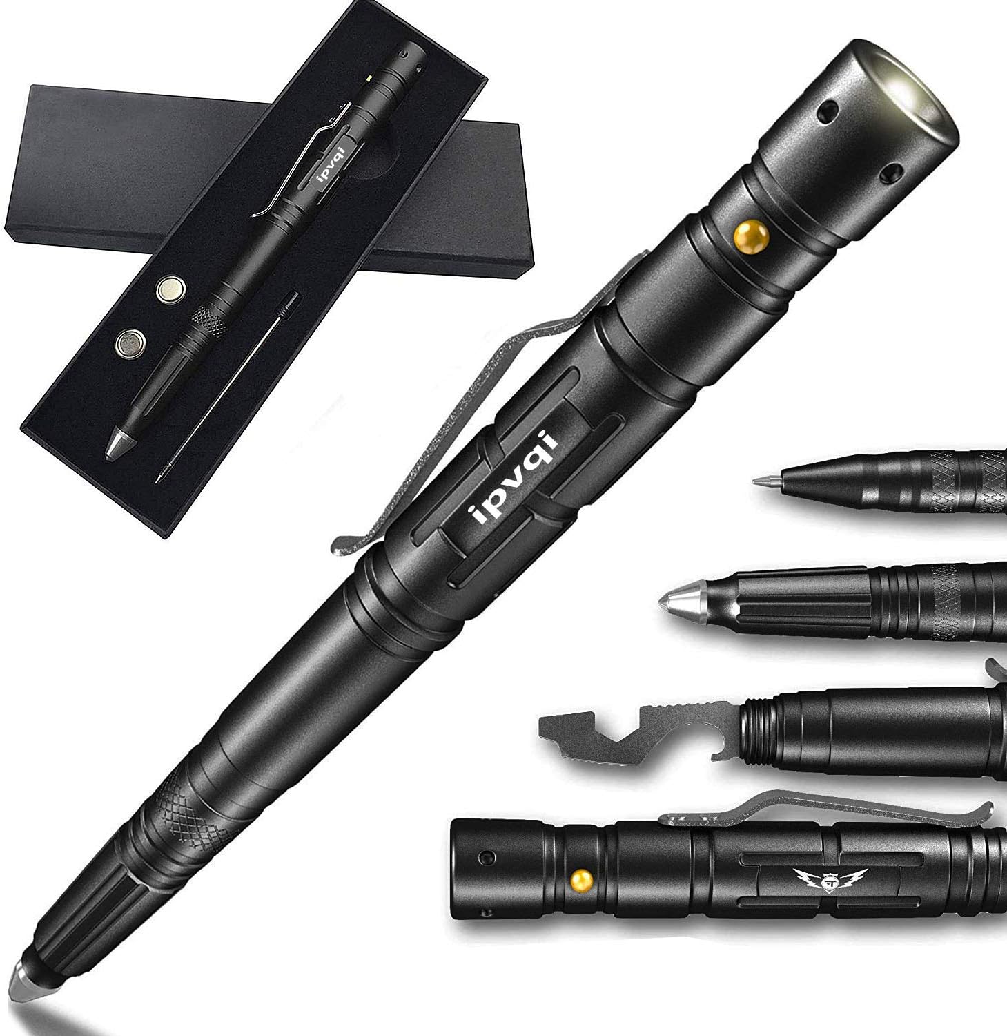 Tactical Pen Multi Tool | LED Tactical Flashlight, Bottle Opener, Window Breaker | Multi-Tool for Everyday Carry (EDC) Survival Gear | Gift-Boxed w/Extra Ink (Black)