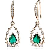 Elegant 14K Gold Plated Drop Dangle Earrings with Teardrop Emerald Sapphire Stone, Birthstone Jewelry for Gift