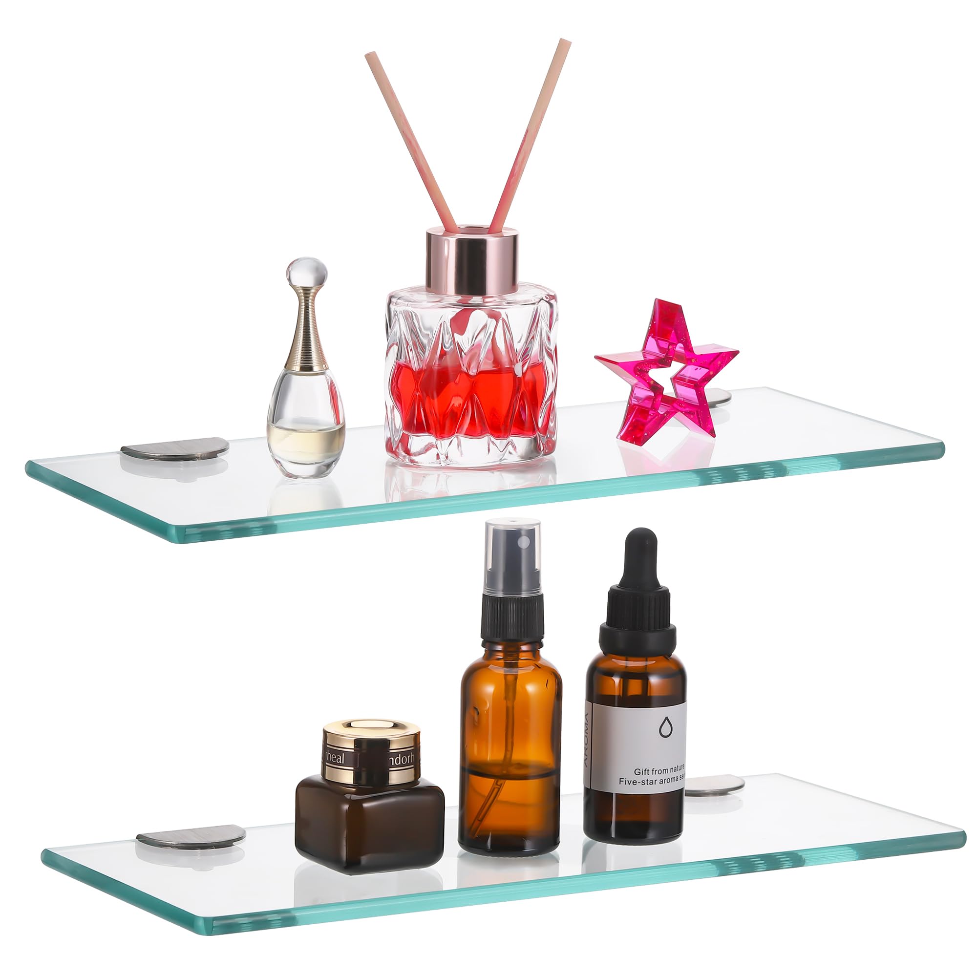 JIZZU 2PCS Glass Bathroom Shelf Wall Mounted 30CM, Rectangular Glass Shelf 6MM Thick Tempered Glass Shelf, Floating Glass Shelves Transparent with Chrome Plated Brushed Brackets for Bathroom, Bedroom