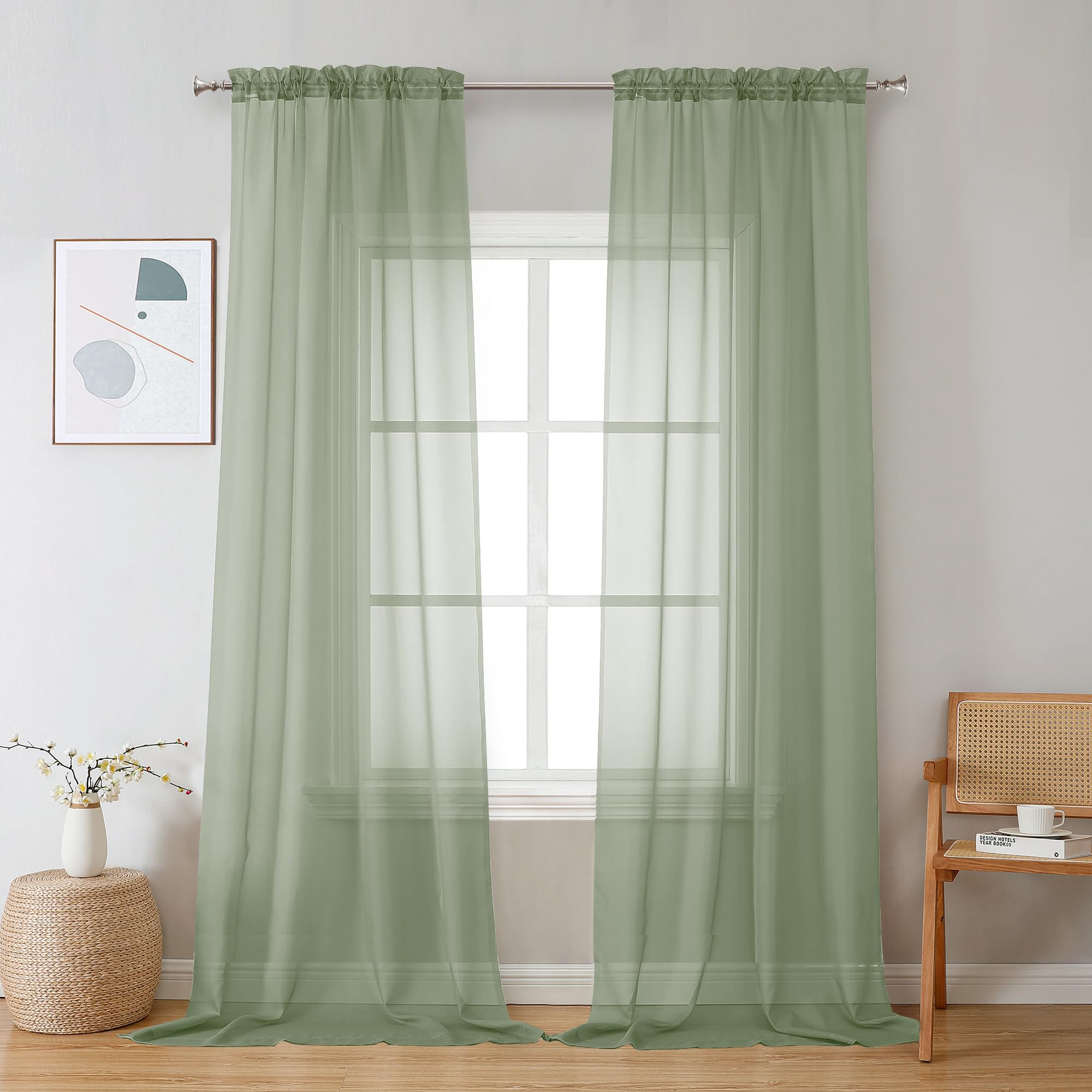 OVZME 2 Pieces Bedroom Curtains 96" Length for Farmhouse, Voile Drapes Light Airy Window Decor for Patio Door Living Room Bedroom Dining, Sage Green, Each W42 X L96 inches, 1 Pair