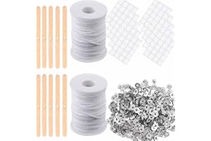 LinamHoz Candle Wicks, Wick 2 Rolls 200 ft/ 61 m Braided, 200 Glue Stickers, 10 Pcs Wooden Wick Holders, 200 Pcs Metal Bases,