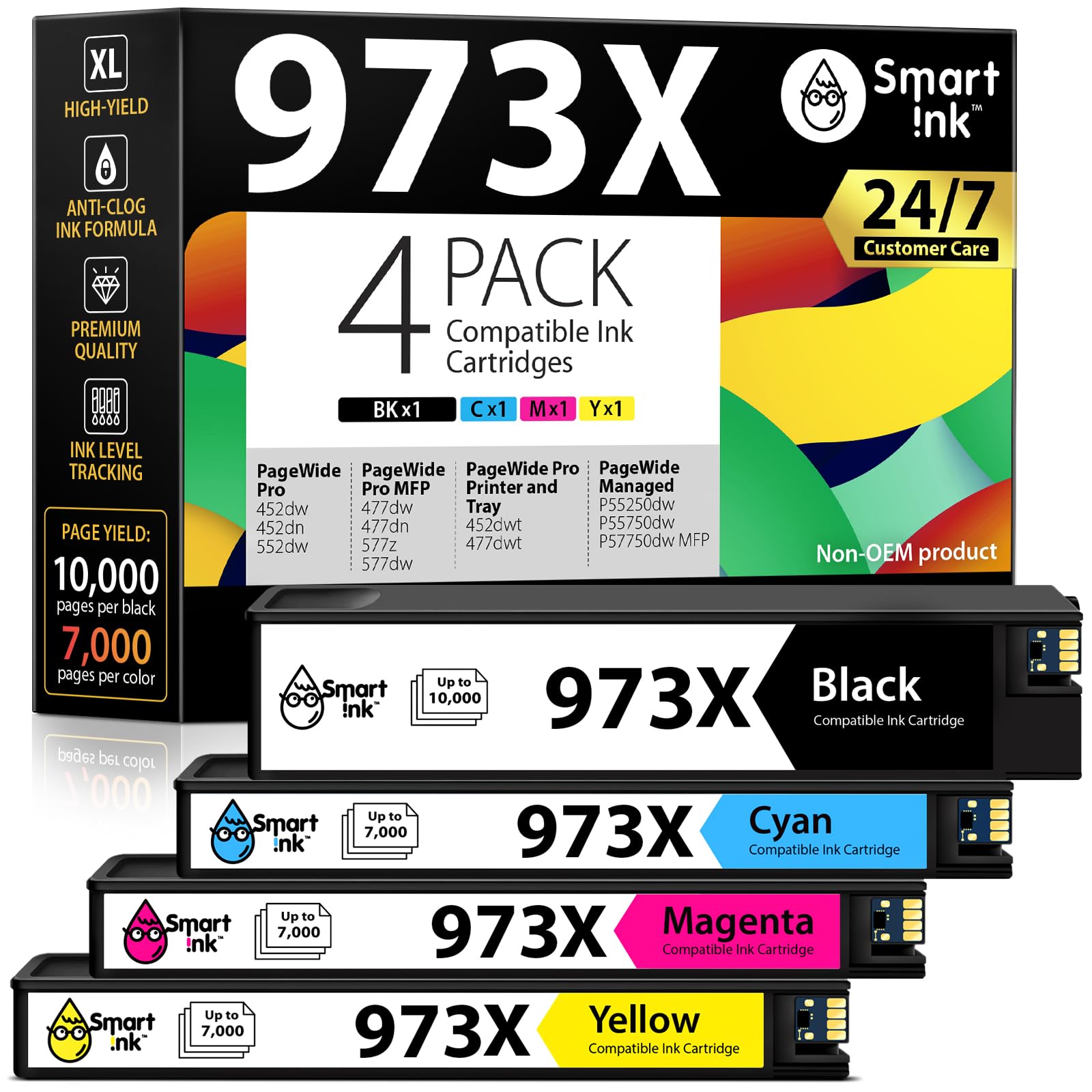 Smart Ink Compatible Ink Cartridges Replacement for HP 973X 973 973XL 4 Combo Pack (Black & Cyan, Magenta, Yellow) to use with HP PageWide Pro 477dw 577dw 452dw 477dn 452dn 577z 552dw P55250dw Printer