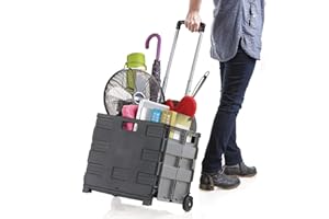 Inspired Living Ultra-Slim Rolling Collapsible Storage Pack-N-Roll Utility-carts, with Telescopic Handle, for Home, Garden, Shopping, Office, School use, Medium, Grey & Black