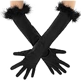 CIATBYYJ Elegant 1920s Style Long Satin Opera Gloves with Feather Trim, Stretchy Elbow-Length Evening Glove, Long Black Gloves for Wedding, Halloween, Costume Parties & Pageants